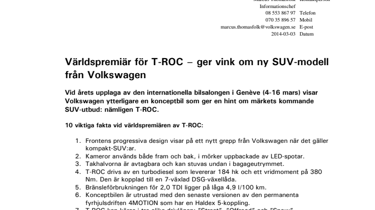 Världspremiär för T-ROC – ger vink om ny SUV-modell från Volkswagen