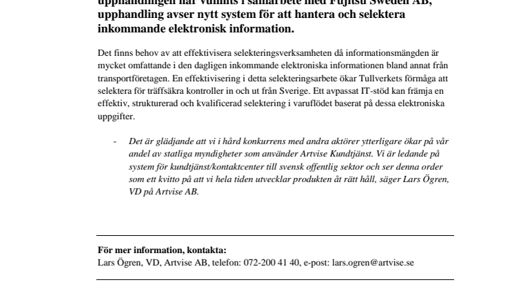 Artvise får order från Tullverket värd 3,5Mkr!