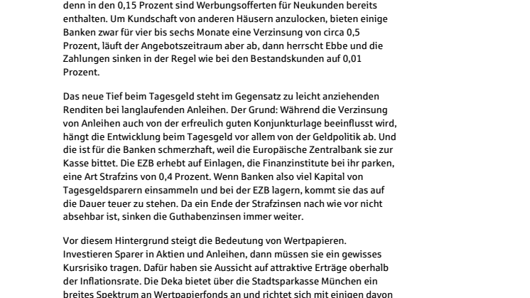 Durchschnittszinssatz von Tagesgeld fällt auf neues Allzeittief