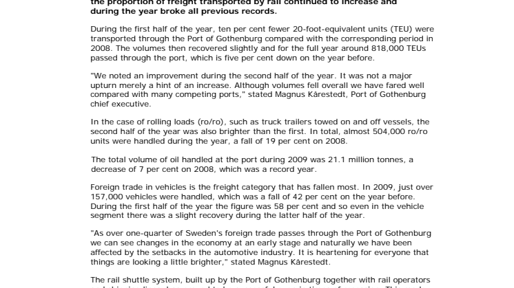 Reduced goods volumes at the Port of Gothenburg in 2009 - Brighter second half and continued increase in rail volumes