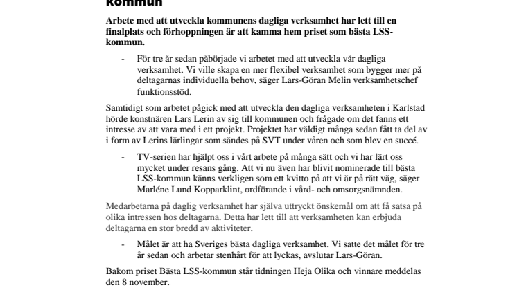 Karlstads kommun är nominerade till årets LSS-kommun