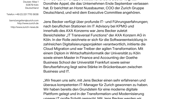 Jens Becker wird Head of IT der Zurich Gruppe Deutschland