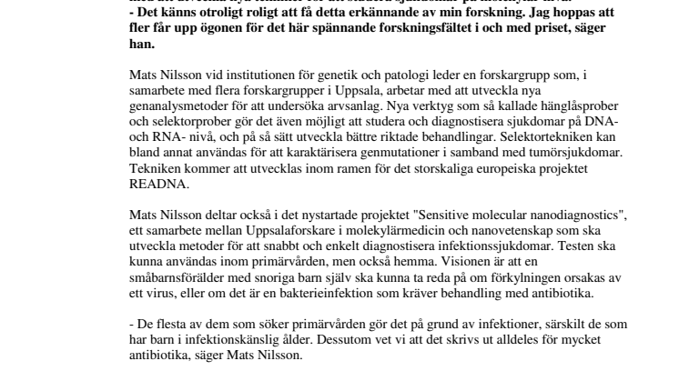 Forskare i molekylärgenetik får Uppsalas Fernströmpris