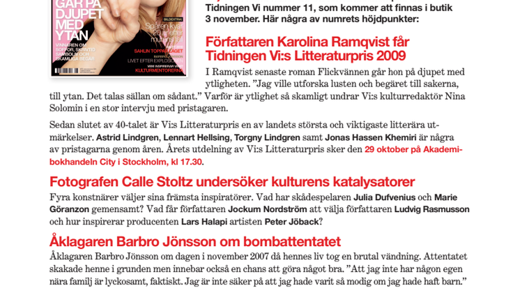 Innehåll i Tidningen Vi nr 11, i butik 3 november.