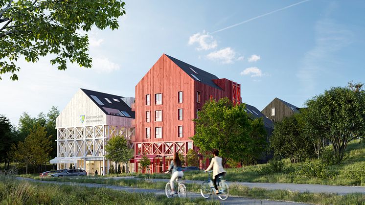 Planforslaget har latt seg inspirere av Våler kommunes opprinnelige identitet med spredte gårder i et mykt, bølgende landskap. Illustrasjon: Studio Eik 