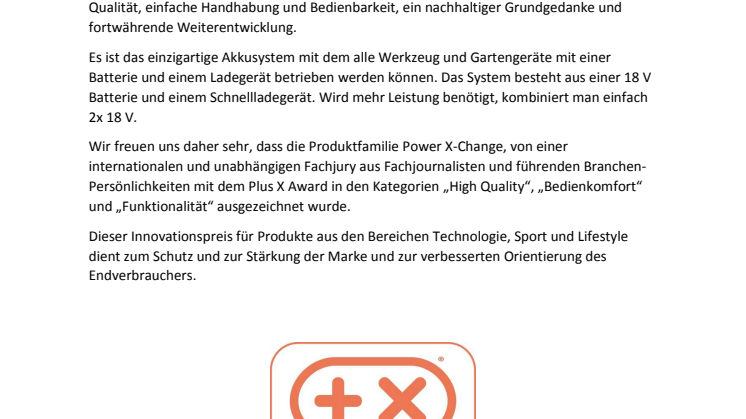 Die Power X-Change Serie der Einhell Germany AG wird mit dem Plus X Award ausgezeichnet