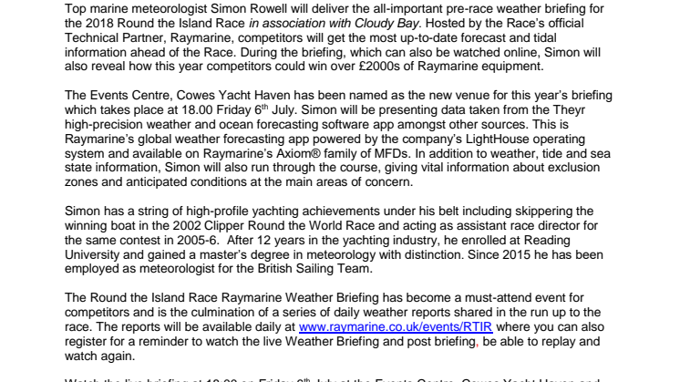 Raymarine: Round the Island Race in association with Cloudy Bay - Raymarine returns to Cowes to host Live Weather Briefing 