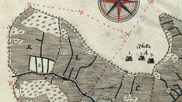 Byn Akalla i Spånga socken med utjorden Lilla Akalla, karterad 1636 av Thomas Christiernsson. Källa: LSA A10:6–7, riksarkivet.se/geometriska