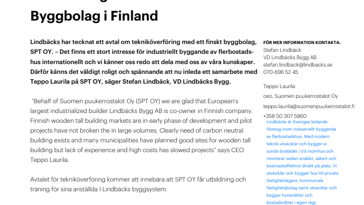 Lindbäcks går in i samarbete med byggbolag i Finland