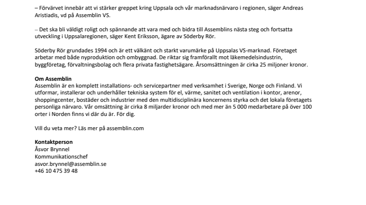 Assemblin förvärvar Söderby Rör i Uppsala