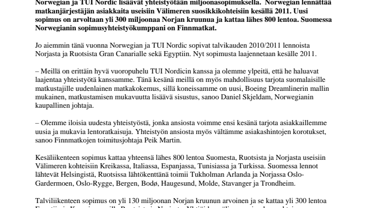 Norwegian ja TUI Nordic miljoonasopimukseen