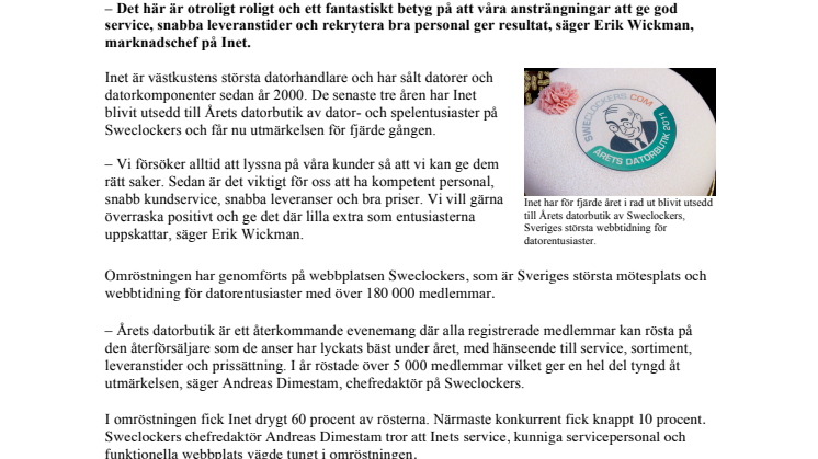 Inet är Årets datorbutik 2011  – vinner för fjärde året i rad  