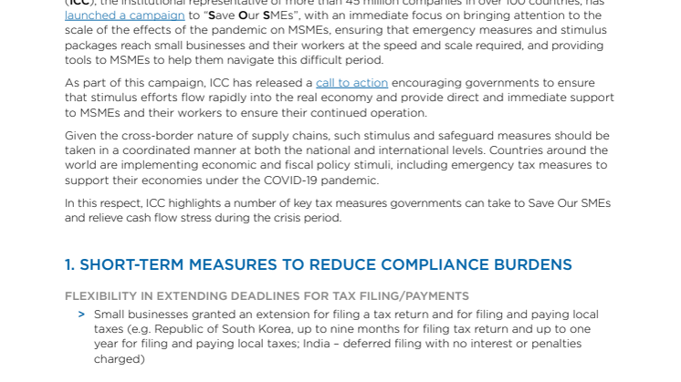 ICC statement on tax measures to “Save our SMEs” in response to COVID-19