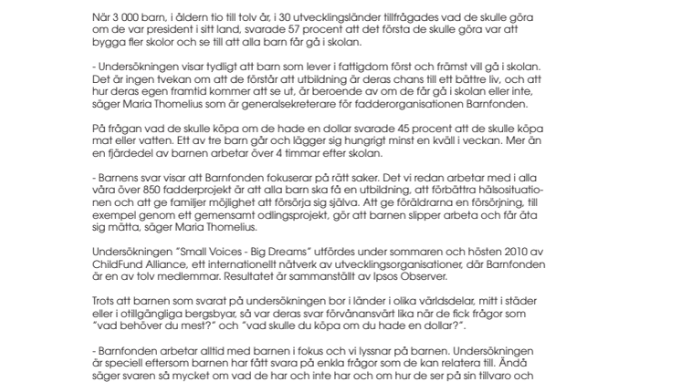 Ny undersökning visar att barn i utvecklingsländer helst av allt vill gå i skolan