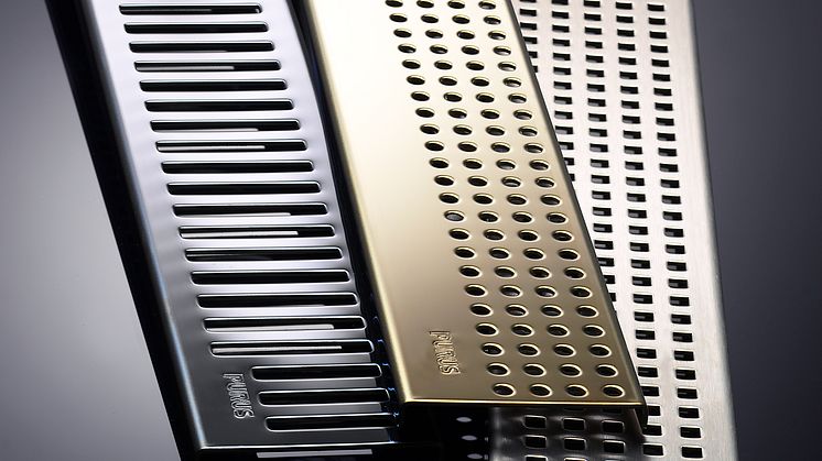 Purus Line Onyx Rib, Gold Pearl & Rostfri Chess, väggnära golvbrunnar