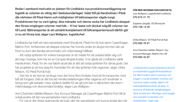 Lindbäcks skeppar volymer till Malmö