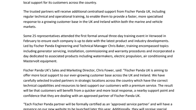Fischer Panda UK Establishes Official Service Partner Network to Support Customers in UK and Ireland