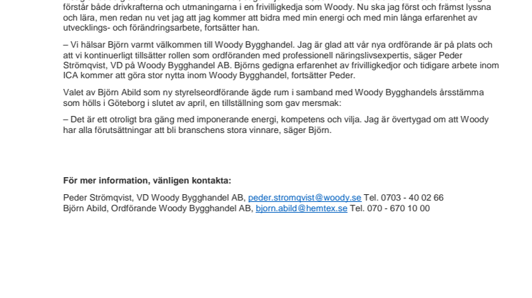 Näringslivsproffs tar över ordförandeklubban i Woody Bygghandel AB