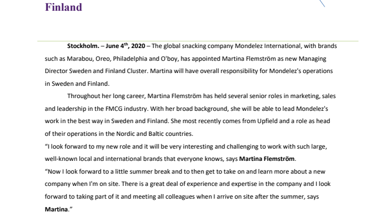 Martina Flemström new MD for Mondelez in Sweden and Finland