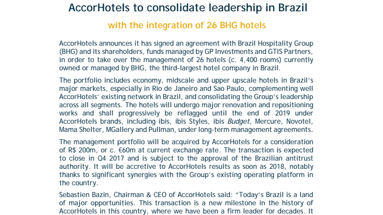 Press Release: AccorHotels to consolidate leadership in Brazil