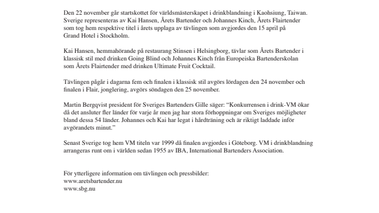 Vinnarna i Årets Bartender™ står redo att ta hem VM titeln i Taiwan