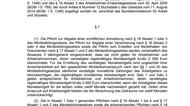 Mindestlohn - Vereinfachung bei den Dokumentationspflichten