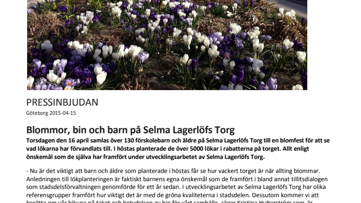 Blommor, bin och barn på Selma Lagerlöfs Torg 