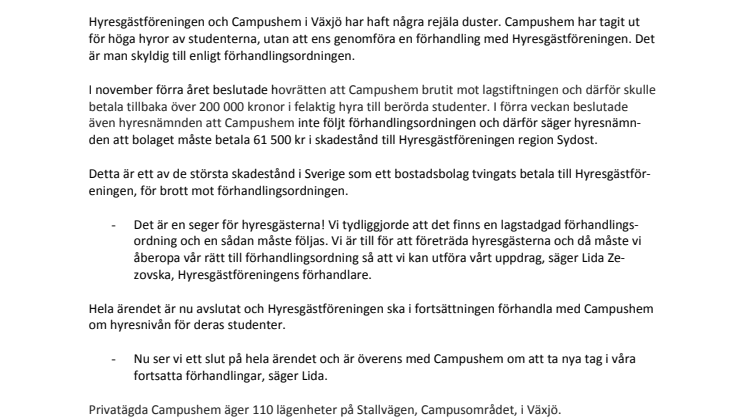 Campushem följde inte förhandlingsordningen – får betala ett av landets största skadestånd till Hyresgästföreningen