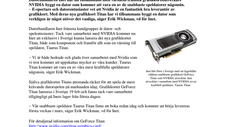 Inet i unikt samarbete med NVIDIA, bygger speldator med världens snabbaste grafikkort 