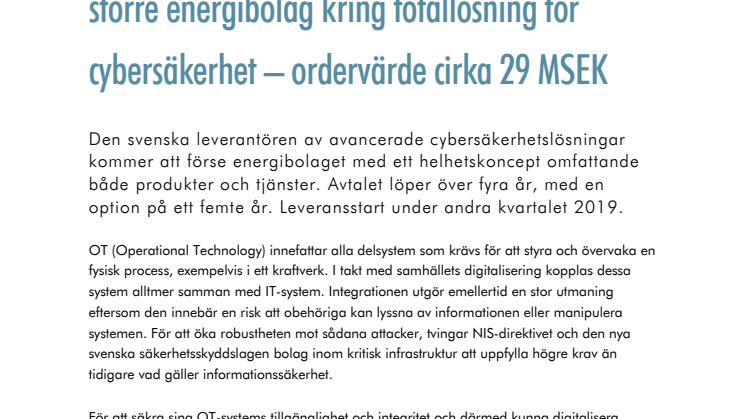 Advenica tecknar avtal med ett av Sveriges större energibolag kring totallösning för cybersäkerhet - ordervärde cirka 29 MSEK