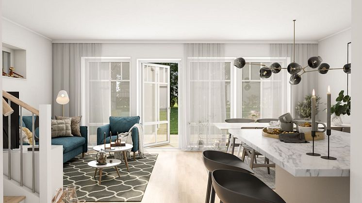 Brf Dora Lindgrens väg 2 - 3D-bild av tvåplanshusens matplats/vardagsrum. 