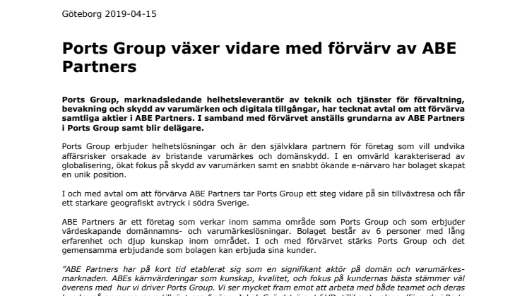 Ports Group växer vidare med förvärv av ABE Partners
