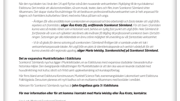 Scenkonst Sörmland samlar hela verksamheten i nya och anpassade lokaler i Eskilstuna