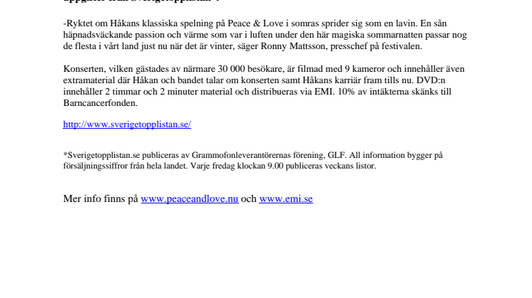 ”Håkan Hellström – Live på Peace & Love 2009” näst bäst sålda i Sverige