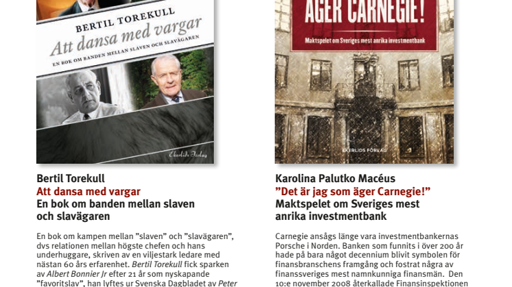 Bertil Torekull dansar med vargar och maktspelet om Carnegie bland vårens böcker på Ekerlids Förlag