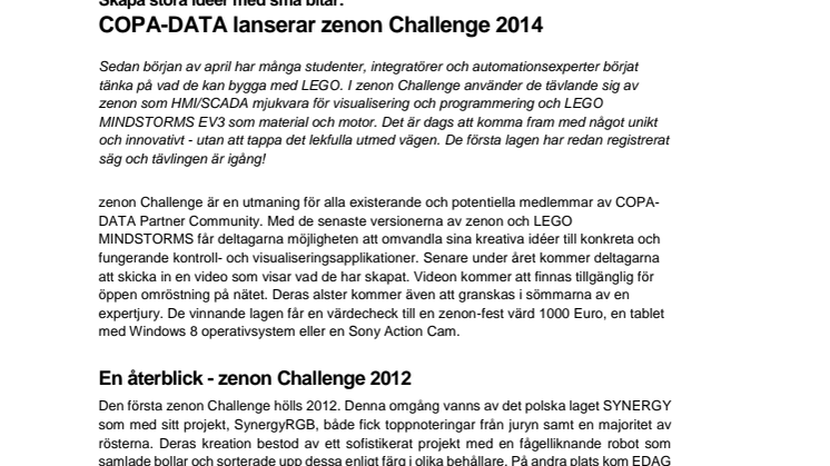 Skapa stora idéer med små bitar: COPA-DATA lanserar zenon Challenge 2014