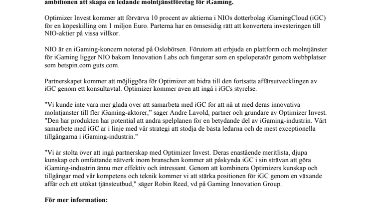Optimizer Invest adderar iGaming-plattform till sin portfölj