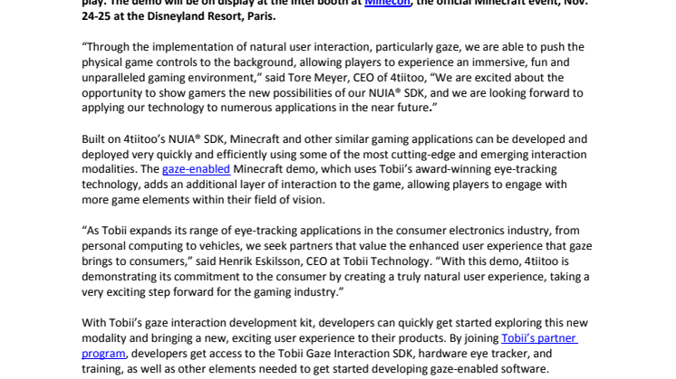 4tiitoo and Tobii Expand Gaming Experience With Gaze-enabled Demo of Minecraft