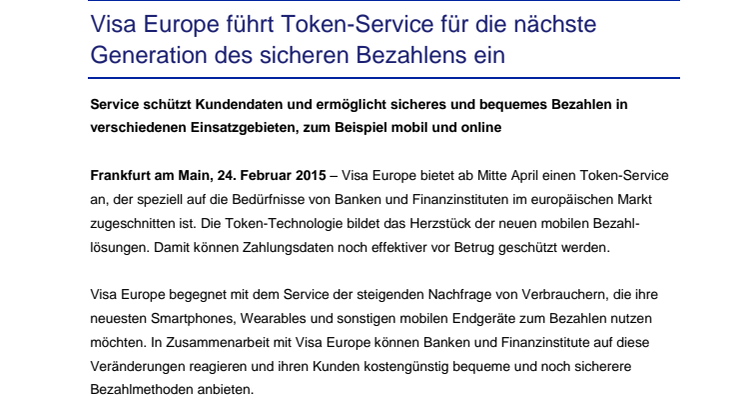 Visa Europe führt Token-Service für die nächste Generation des sicheren Bezahlens ein
