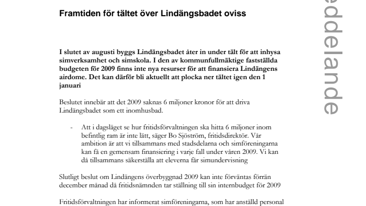Framtiden för Lindängsbadet oviss
