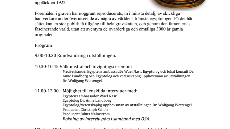 Inbjudan: pressvisning av Tutankhamun – graven och skatterna 