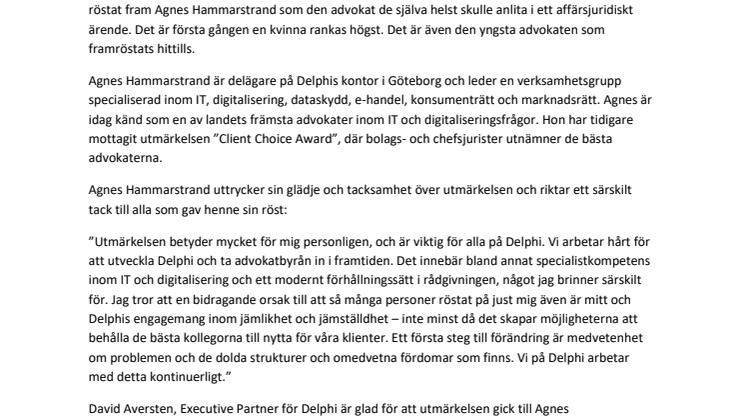 Agnes Hammarstrand på Delphi utnämnd till Advokaternas advokat 2018