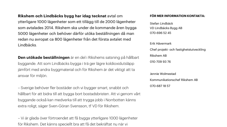 Lindbäcks får utökat avtal med Rikshem