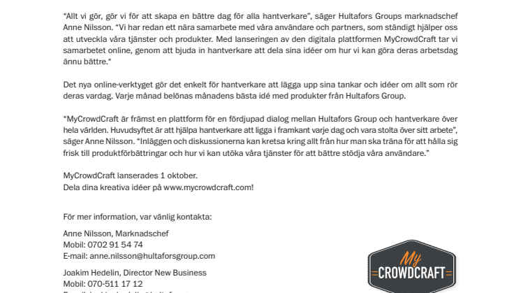 Hultafors Group lanserar MyCrowdCraft