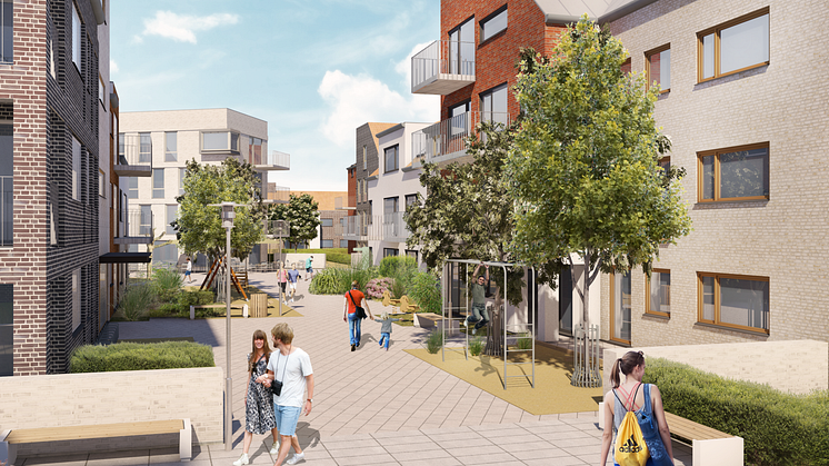 Ett bilfritt stråk genom fastigheten "Vattenrännan". Illustration: Möller Arkitekter