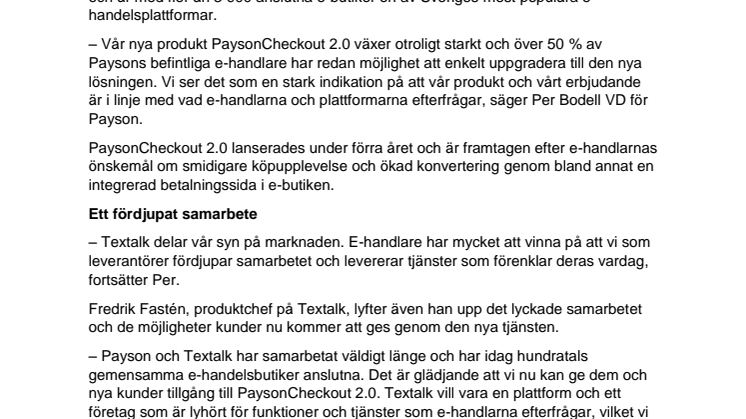 Textalk ger sina kunder möjlighet att ta betalt med PaysonCheckout 2.0
