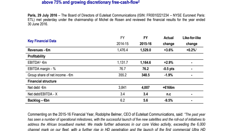 EUTELSAT COMMUNICATIONS  FULL YEAR 2015-16 RESULTS