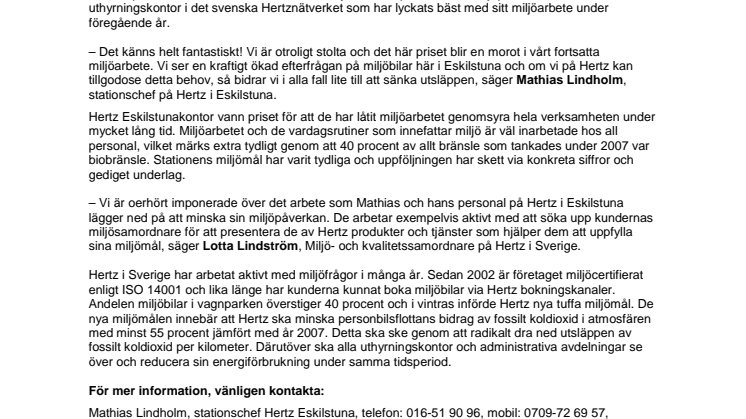 Hertz i Eskilstuna vinner miljöpris