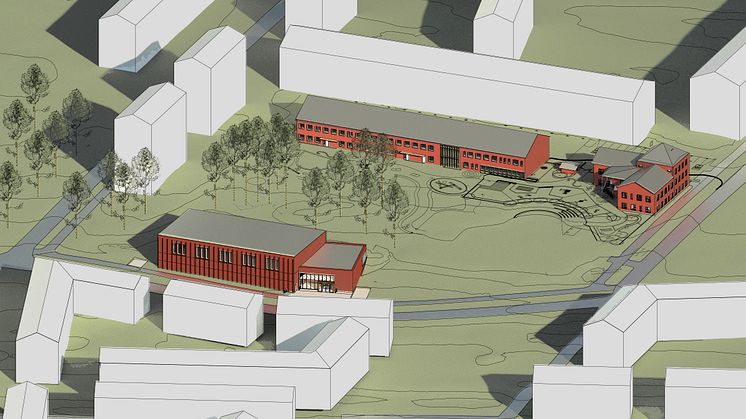 Vid Språkskolan ska en ny idrottshall byggas. Illustrationen visar en möjlig utformning. Illustration: White arkitekter.