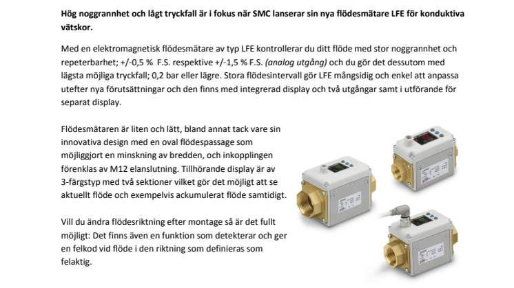 SMC lanserar ny flödesmätare för konduktiva vätskor 